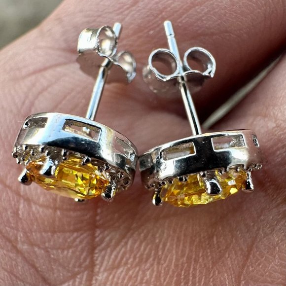 Citrine Earrings Sterling Silver 925 White Topaz Created Stud Earrings For Women - Picture 5 of 9